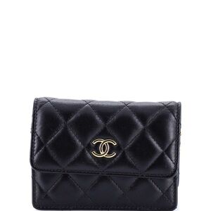 CHANEL Black Quilted Leather Compact Wallet with Gold CC Emblem
